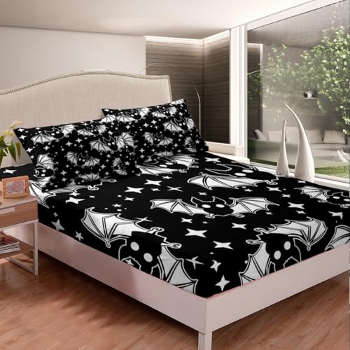 Halloween Bats Queen Size Glitter Starry Sky Bedding Set with Fitted Sheet - Kids Bedroom Decor - Multi 44