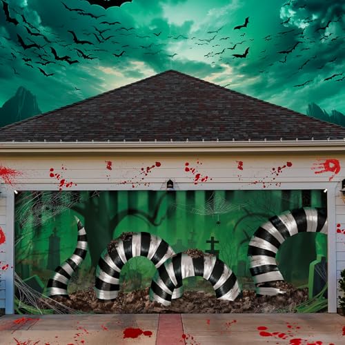 Halloween Garage Door Cover - Striped Snake Pattern 7x16 ft - Black White - Halloween Decor