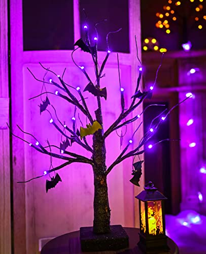 2 Pack Lighted Halloween Bonsai Tree with Purple LED Lights & Bat Ornaments - 18 Inch Spooky Decor