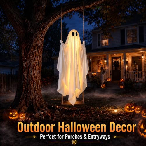 Large 5FT Hanging Ghost Decor with Remote Lights for Halloween Outdoors
