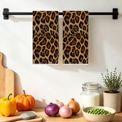 2 Pcs Retro Leopard Kitchen Towels - Reusable Hand Towels Multi 1527