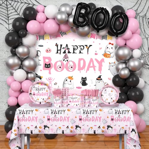 Halloween Birthday Party Supplies Set with Plates Balloons Banner and Tablecloth - Pink Boo Day Theme