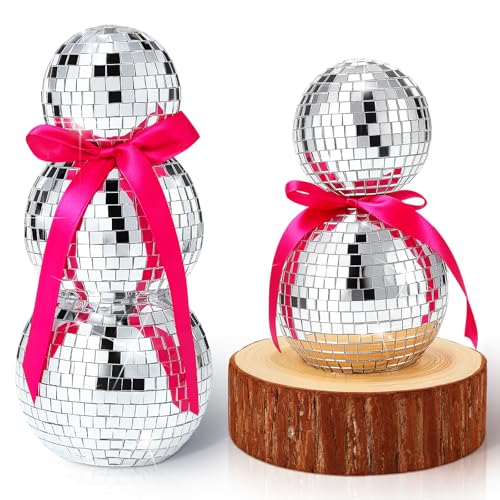 Disco Snowman Decor Set - 8.5 Inch & 6.7 Inch Glitter Mirror Ornaments for Winter & Holiday Parties