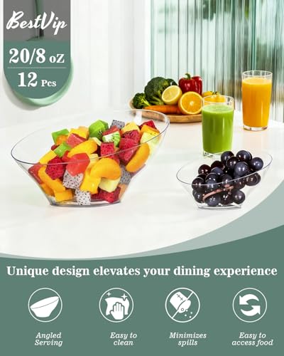 Clear Plastic Angled Serving Bowls - 20oz, 12 Pack for Party & Daily Use