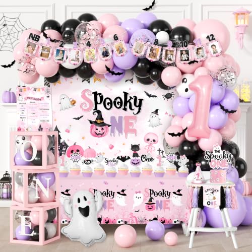 Pink Halloween Birthday Decorations Kit for Girl, 1st Birthday Party Supplies with Backdrop, Balloons, Cake Toppers & More