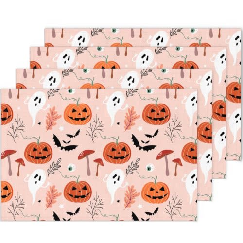Halloween Farmhouse Placemats Set of 4 - Pumpkin Ghost Bat Seasonal Table Mats