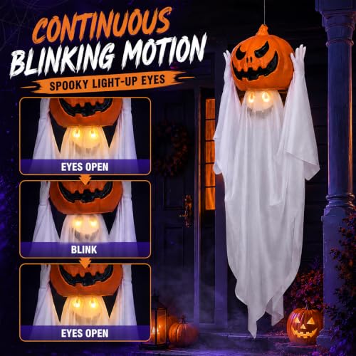42-Inch Halloween Hanging Ghost Decoration with LED Eyes and Pumpkin