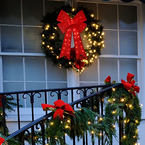 24 Inch 40LED Glitter Red Christmas Wreath Bow with Lights - Indoor Outdoor Holiday Decor
