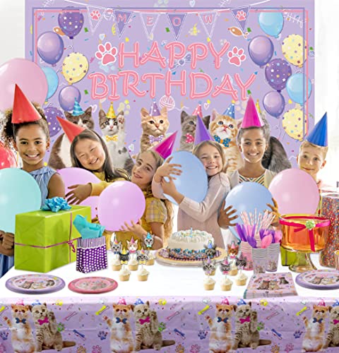 Cat Birthday Party Supplies Set Includes Plates Cups Balloons & Backdrop for Kids - Serves 20