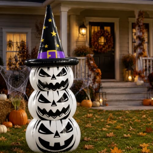 Inflatable Halloween Pumpkin Decoration - 67 Inch White Jack O Lantern Yard Decor with Witch Hat for Outdoor Lawn Porch Garden