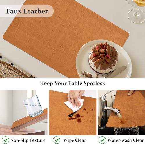 Faux Leather Placemats Set of 8 - Reversible Orange & Grey, 11.8 x 17 Inches - Kid Safe & Waterproof