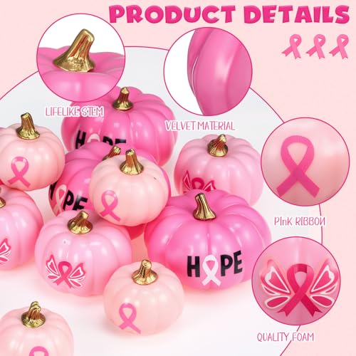 Breast Cancer Awareness Pumpkin Decor Set with Pink Ribbon - Fall Halloween Table Decorations - 12 Faux Foam Pumpkins