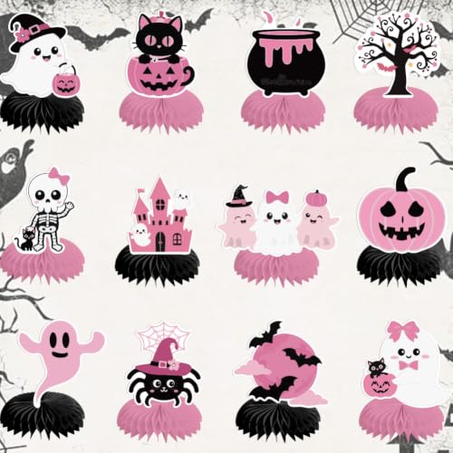 Halloween Honeycomb Table Centerpieces Set - Black Pink Pumpkin Ghost Spider Bat Pattern - PRESSINART, 12 Pcs