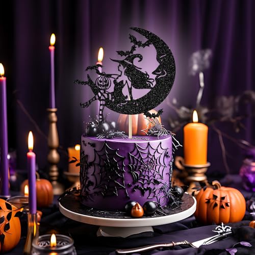 Witch Cake Topper for Halloween Party & Birthday Decor - Black Glitter