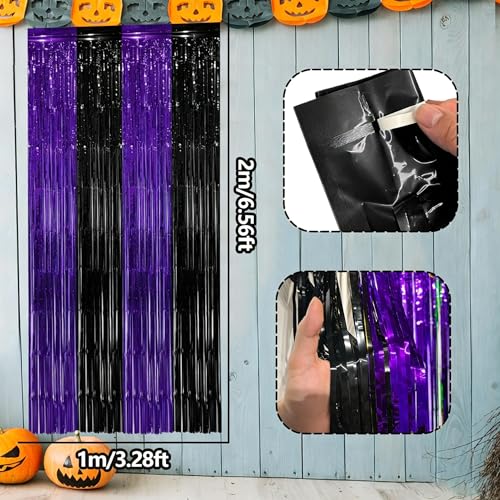 4 Pack Purple Black Fringe Backdrop Halloween Party Decorations - Fringe Curtains