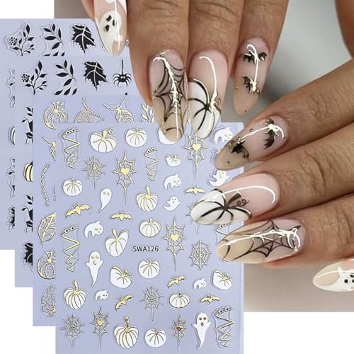 Halloween Fall Nail Stickers 3D Self-Adhesive Pumpkin Ghost Leaves Decor