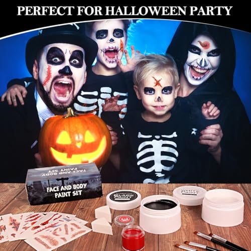 Halloween Face Paint Kit for Adults - Black White Red Makeup with Brushes & Tattoos