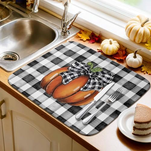 Fall Dish Drying Mat Orange Pumpkin Thanksgiving Kitchen Counter 18x24 Black Orange