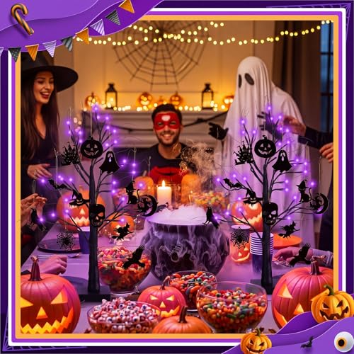 Black Halloween Tree with Lights - Indoor 24 Inch Decor with Ornaments & USB or Battery Power