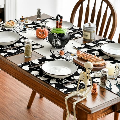 Black Ghost Halloween Placemats Set of 4 - 12 x 18 Inch Rectangular