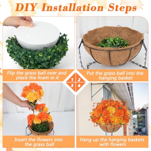 Orange Fall Hanging Basket with Artificial Mums for Outdoor Porch Decor