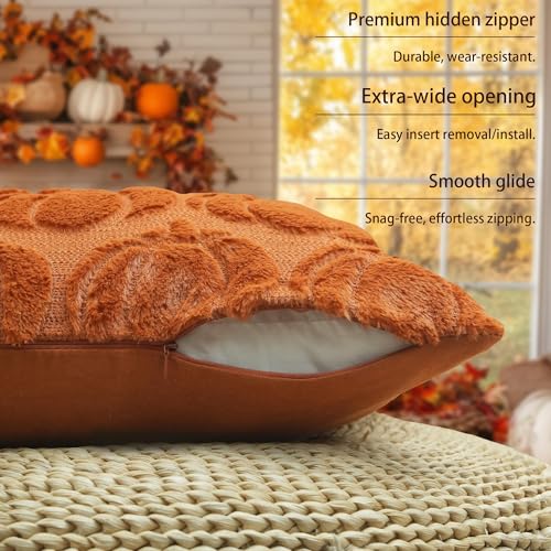 Autumn Pumpkin Faux Fur Pillow Cover Set - 18x18 Inch, Pack of 2, Fall Decor