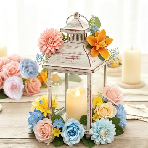 Artificial Flowers Combo - Pink, Blue, Yellow Silk Roses & Dahlias for DIY Bouquets & Decor