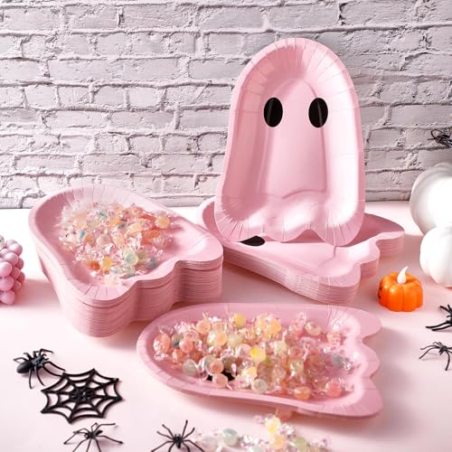 FoldTier 100 Pcs 9 Inch Ghost Halloween Paper Plates Pink Disposable Party Tableware