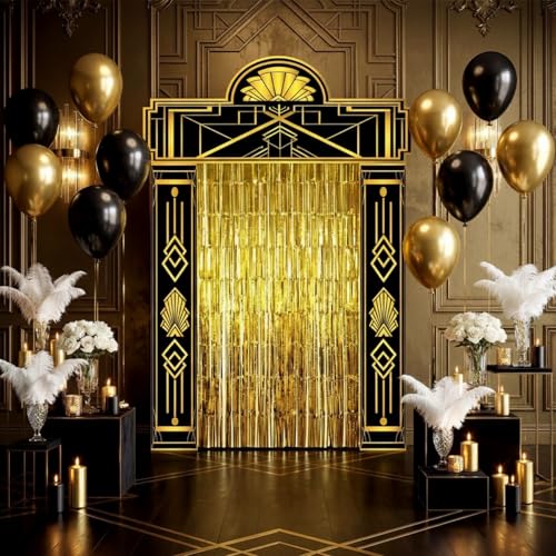 1920s Speakeasy Party Decorations Gold Foil Curtain Backdrop & Balloons