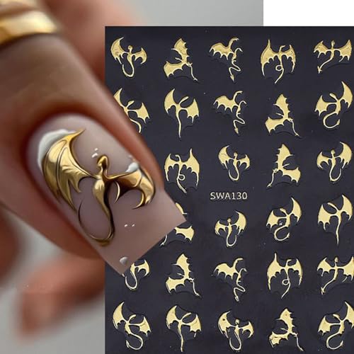 Halloween Nail Art Stickers - Gold Silver Bat 3D Self-Adhesive Decals for Manicure