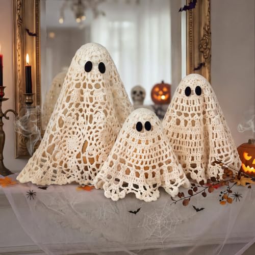 Halloween Ghost Decor Set - Crochet Lace Primitive Figurines with Wooden Bases, Spooky Cute Home Decoration