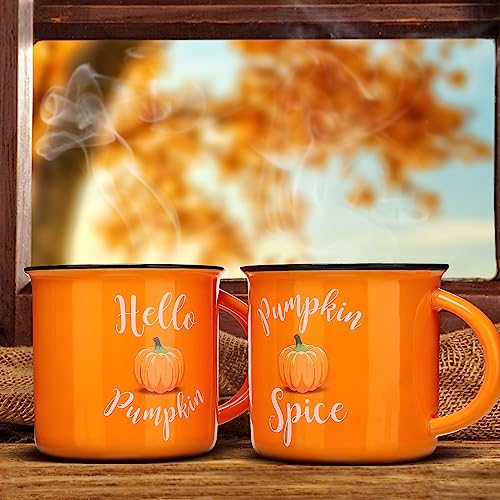 Pumpkin Mugs Set of 2 - 14 oz Ceramic Fall Coffee Cups for Halloween Thanksgiving