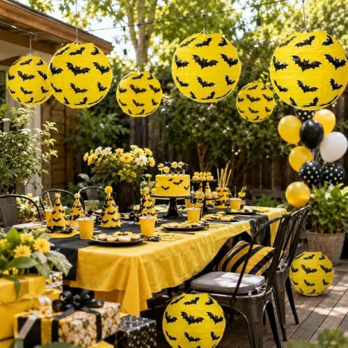 Halloween Bat Paper Lanterns Set of 8 - Yellow and Black Hanging Decorations for Parties