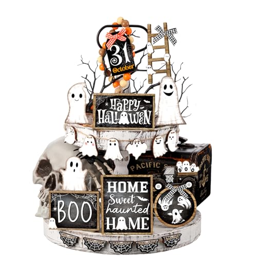 Halloween Wooden Tiered Tray Decorations Set Ghost Black & White - MiniInflat