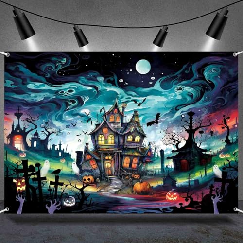 Halloween Backdrop 8x6ft Haunted Graveyard Photo Background for Kids - Black & Colorful