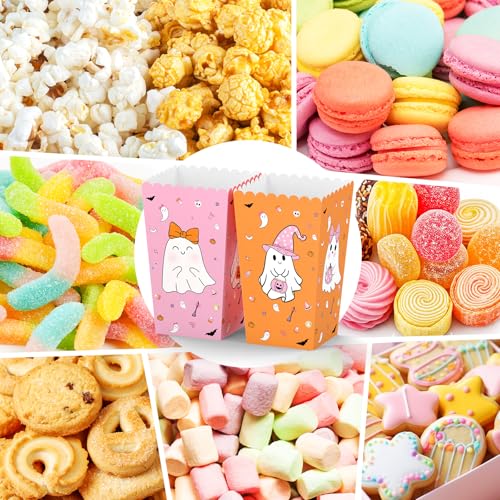 Halloween Popcorn Favor Boxes - Pink & Orange Ghost Theme, 24 Pack
