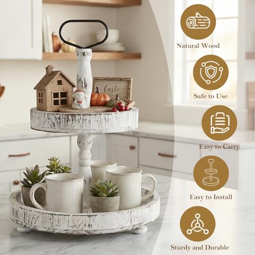 White Rustic Wooden Tiered Serving Tray 18.5x12.5 Farmhouse Decor Cupcake Stand