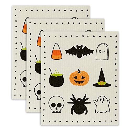 Swedish Dishcloths Spooky Pattern Set of 3 - Reusable & Eco-Friendly, 7.75 x 6.75 inches