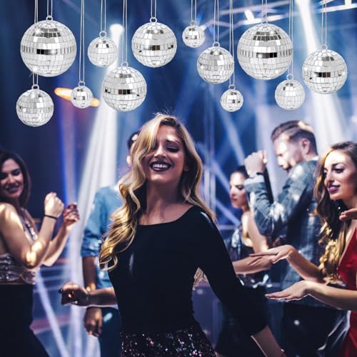 26 Pcs Silver Mirror Disco Ball Hanging Decorations for 70s Party & Events