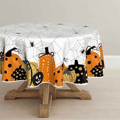 Halloween Tablecloth 90x90 Inch Round Jack-O-Lantern Cobweb White - Durable Polyester