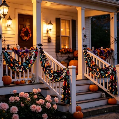 Dia De Los Muertos Porch Banner with Light - Sugar Skull & Floral Design, Ghost Lamp Variation