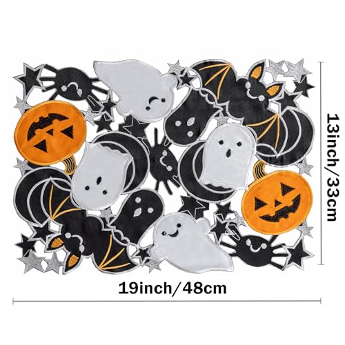 Rectangular Halloween Spooky Placemats Set of 4 - Embroidered Pumpkins & Bats, 13x19 Inch, Gothic Table Decorations for Parties