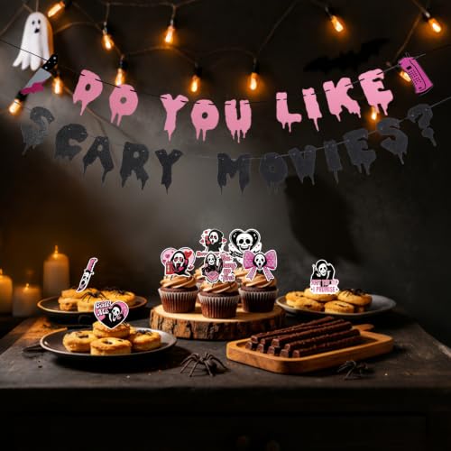 Pink and Black Horror Movie Party Decorations Set with Banner, Balloons & Cupcake Toppers
