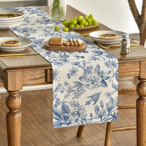 Blue 13x108 Inch Seasonal Peony Azalea Table Runner for Home & Dining