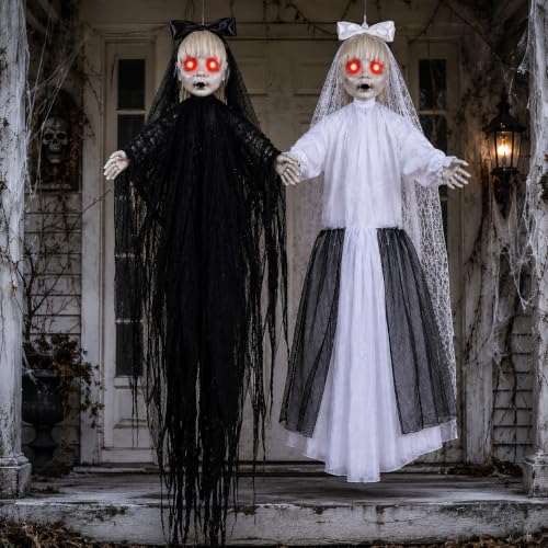 Halloween Hanging Twin Sisters Decorations with LED Eyes & Sound - Black White Twin Haunted Bride
