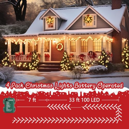 Battery Operated Christmas String Lights 4 Pack 132FT 400 LED Warm White with 8 Modes & Timer
