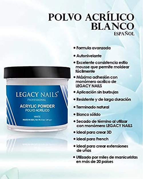 Legacy Nails White Acrylic Powder - High-Quality, Fast-Drying Formula for Nail Extensions | 4oz/113g