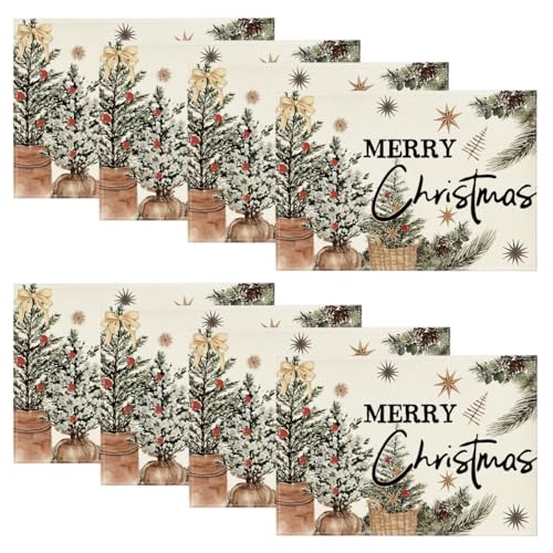 Christmas Placemats Set of 8 - 12x18 Inch Holiday Table Decor, Beige