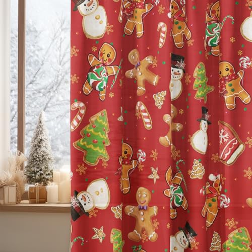 Red Sheer Christmas Curtains 52x63in - Pack of 2 Gingerbread Snowman Decor