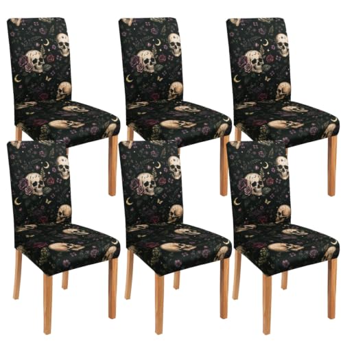 Halloween Skull Chair Covers Set of 6 - Gothic Floral Dining Protectors for Holiday Decor